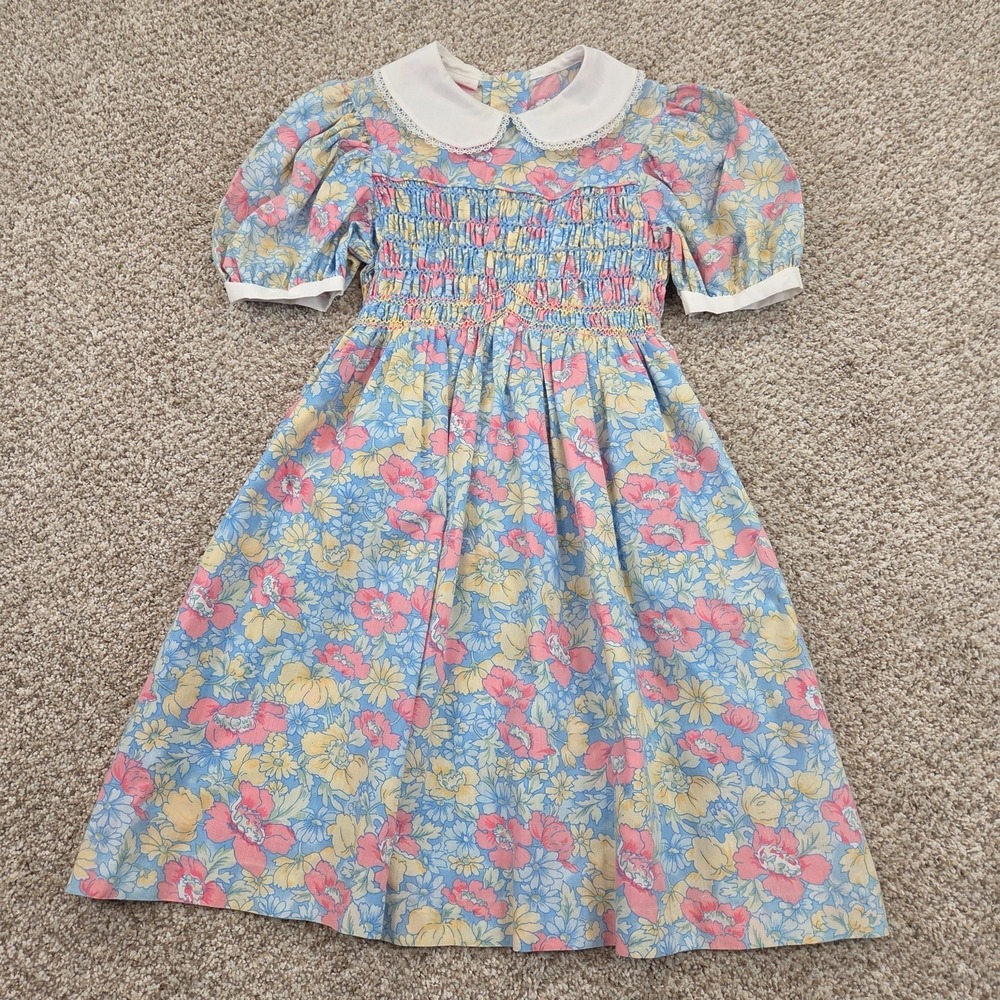 Girl's Vintage Polly Flinders Dress Smocked School Church Floral Bow Size 8